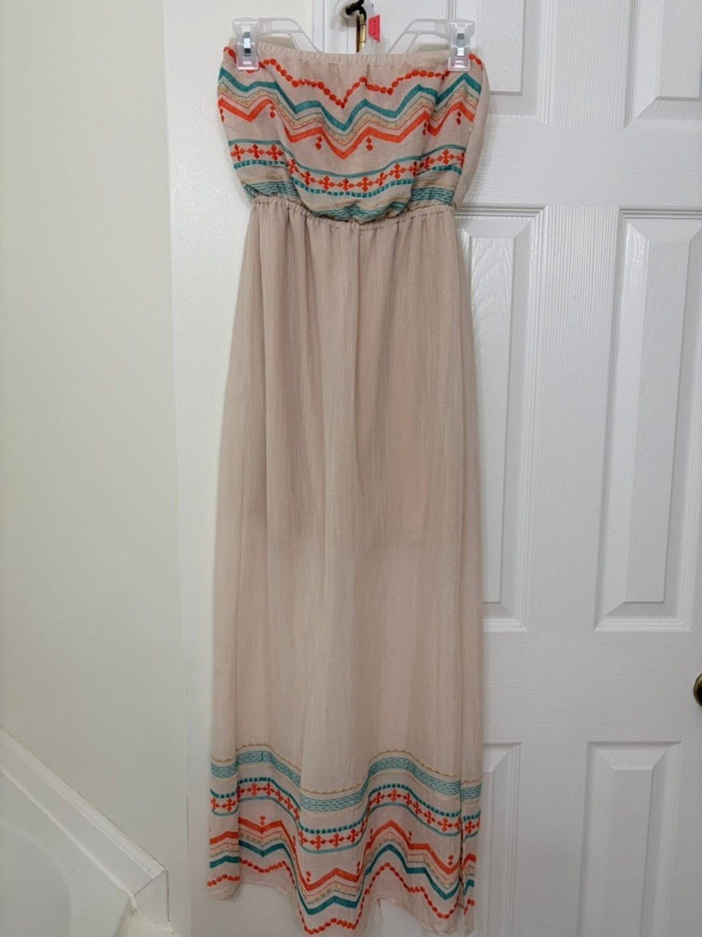 Mimi Chica Beige Strapless Maxi Dress with Coral & Teal Embroidery
